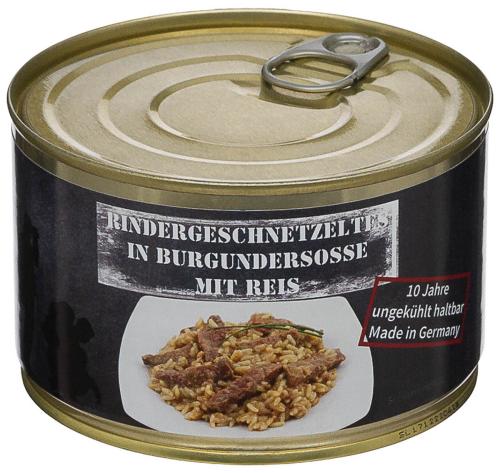 Artikelbild des Artikels “Rindergeschnetzeltes mit Reis, Vollkonserve, 400 g, 7% Mwst. “